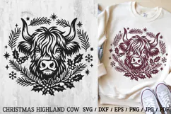 Christmas Highland Cow SVG – a festive design featuring a cute Scottish cow, decorated with fir branches, holly, and snowflakes. Suitable for Christmas projects, including t-shirts, hoodies, sweaters, decor, mugs, stickers, posters, and holiday cards.