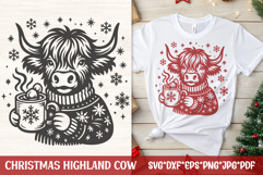 Christmas Highland cow in a sweater holding a steaming cocoa mug with marshmallows and snowflakes—single-color SVG design for cozy holiday shirts and farmhouse décor.