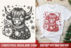 Christmas Highland cow in a sweater holding a steaming cocoa mug with marshmallows and snowflakes—single-color SVG design for cozy holiday shirts and farmhouse décor.