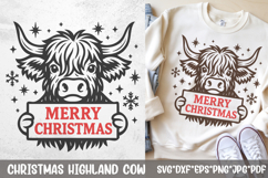 Highland cow holding “Merry Christmas” sign—single‑color Christmas SVG for Cricut, laser, shirts, mugs, and decor.
