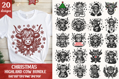 Set of 20 monoline Christmas Highland Cow SVGs with hats, scarves, mugs, wreaths, sweaters, presents and stockings, bundle for Cricut, Silhouette, engraving, laser cut, holiday shirts, decor, cards.