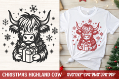 Festive Highland cow holding a Christmas gift, surrounded by snowflakes and stars—SVG for shirts, mugs and rustic winter décor.