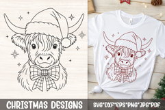 Highland cow with Santa hat and plaid bow—simple line-art SVG for apparel, mugs, stickers, cards, and crafts.