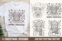 White t shirt with Merry Christmas Highland cow line art and three additional winter Highland cow SVG designs with hats, scarves and ornaments.