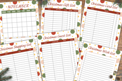 Printable Christmas holiday planning pages arranged on a wooden background. The set includes a November monthly calendar, Christmas Gift List, Christmas Card List, Christmas Shopping List, Christmas Guest List, and Christmas Wish List.