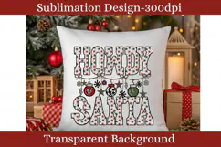 Howdy Santa Western Christmas PNG featuring patterned red, green and brown stars, cow print ornaments, checkerboard lightning bolts and rustic hanging decorations.