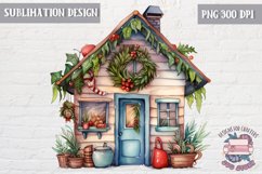 Christmas house Door Decorated Tree Sublimation Design Bow Product Image 1