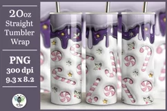 Purple and pink puff candy cane sublimation PNG being shown on a 20oz tumbler