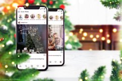 Winter Instagram mockup of two Phones on Christmas Background with Christmas Tree, decorations, and Holly leaves