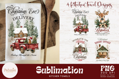 Retro farmhouse Christmas sublimation png being used as trendy retro christmas kitchen towels print