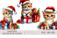Watercolor Christmas kitty cats with gift box clipart- 3 png Product Image 1