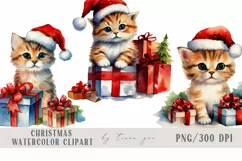 Watercolor Christmas kitty cats with gift box clipart- 3 png Product Image 1
