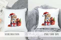 Watercolor Christmas kitty cats with gift box clipart- 3 png Product Image 2