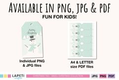 Printable Merry Christmas gift tag set featuring winter snowman illustration