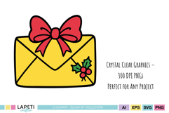Yellow envelope with red ribbon and holly detail, festive Christmas clipart for planners and stationery.