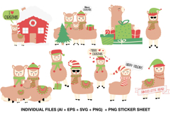 Adorable Christmas llama clipart bundle with festive alpacas and gifts in red and green tones.