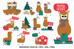 Cute holiday llamas with gifts trees and Christmas accessories