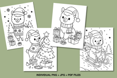 Christmas llama coloring pages set featuring cute llamas with gifts, Christmas trees, and winter scenes. Perfect printable activity for kids.