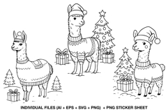 Three cute Christmas llamas digital stamps wearing sweaters and Santa hats, surrounded by trees and gifts, black and white line art.