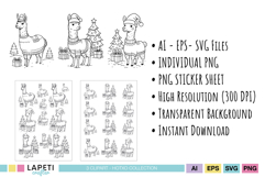 Set of Christmas llama digital stamps with product details showing AI, EPS, SVG, and PNG formats, high resolution and transparent background.