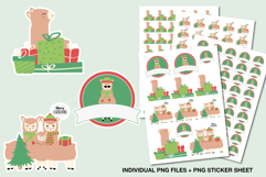 Adorable Christmas llama sticker set featuring festive alpacas with gifts, trees, and wreaths, including individual PNG files and printable sticker sheets in soft holiday colors.
