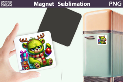 Green Grumpy Bear Magnet | Christmas Animal Sublimation Product Image 1