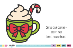 Green mug with whipped cream and candy cane illustration – cute Christmas clipart matching the penguin winter bundle.