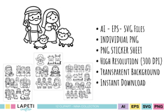 Christmas religious outline illustrations for coloring and stickers