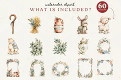 Nativity watercolor clipart bundle with 60 Christmas designs featuring Mary, Joseph, baby Jesus, angels, shepherds, three wise men, camels and lambs.