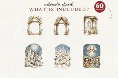 Nativity watercolor clipart bundle with 60 Christmas designs featuring Mary, Joseph, baby Jesus, angels, shepherds, three wise men, camels and lambs.