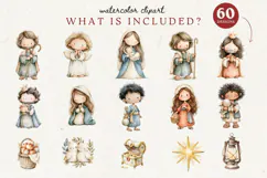 Nativity watercolor clipart bundle with 60 Christmas designs featuring Mary, Joseph, baby Jesus, angels, shepherds, three wise men, camels and lambs.