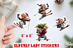 Christmas stickers, funny elderly old lady by ski with glass Product Image 1