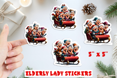 Christmas stickers, funny old lady with friends in sleigh Product Image 1