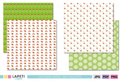 Christmas ornament and elf hat seamless digital papers – cute holiday patterns in red and green for crafts and cards.