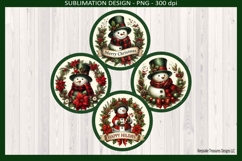 "Set of 4 round Christmas ornaments hanging on a decorated tree, each featuring a smiling snowman in a plaid scarf and top hat surrounded by poinsettias, holly, pine cones, and red ribbon bows on a white background with forest green border."