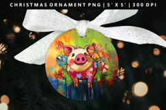 Pig Round Christmas Ornament Sublimation PNG Product Image 1