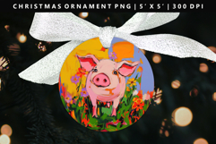 Pig Round Christmas Ornament Sublimation PNG Product Image 1