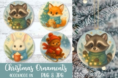Christmas ornaments sublimation PNG —raccoon with lights, fox with gift, bunny with cocoa, and sledding bear, 4000x4000 px.