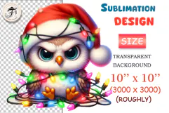 Cute Christmas owl wearing a Santa hat and garland. PNG with transparent background, perfect for festive designs and printing.