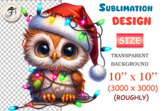 Cute Christmas owl wearing a Santa hat and garland. PNG with transparent background, perfect for festive designs and printing.