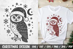 Christmas Owl SVG design featuring a detailed owl wearing a Santa hat, surrounded by snowflakes, stars, and the moon. Perfect for Christmas shirts, mugs, cards, ornaments, and holiday crafts.