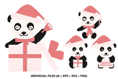 Christmas panda clipart with four festive pandas wearing Santa hats and holiday accessories