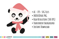Panda popping out of a Christmas gift while wearing a Santa hat and scarf