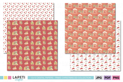 Festive Christmas digital papers showing Santa cactus and cozy winter houses in kawaii holiday style.