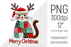 Christmas Patchwork Cat PNG. Perfect for Christmas crafts, digital scrapbooking, stickers, greeting cards, DIY decor, and sublimation printing.