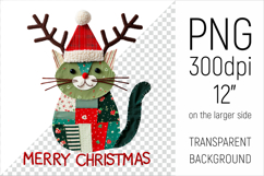 Christmas Patchwork Cat PNG. Perfect for Christmas crafts, digital scrapbooking, stickers, greeting cards, DIY decor, and sublimation printing.