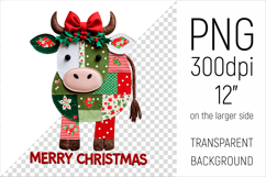 Christmas Patchwork Cow Clipart. Perfect for Christmas crafts, digital scrapbooking, stickers, greeting cards, DIY decor, and sublimation printing.