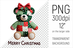 Christmas Patchwork Teddy Bear PNG. Perfect for Christmas crafts, digital scrapbooking, stickers, greeting cards, DIY decor, and sublimation printing.