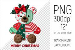 Christmas Patchwork Teddy Bear PNG. Perfect for Christmas crafts, digital scrapbooking, stickers, greeting cards, DIY decor, and sublimation printing.