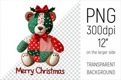 Christmas Patchwork Teddy Bear PNG. Perfect for Christmas crafts, digital scrapbooking, stickers, greeting cards, DIY decor, and sublimation printing.